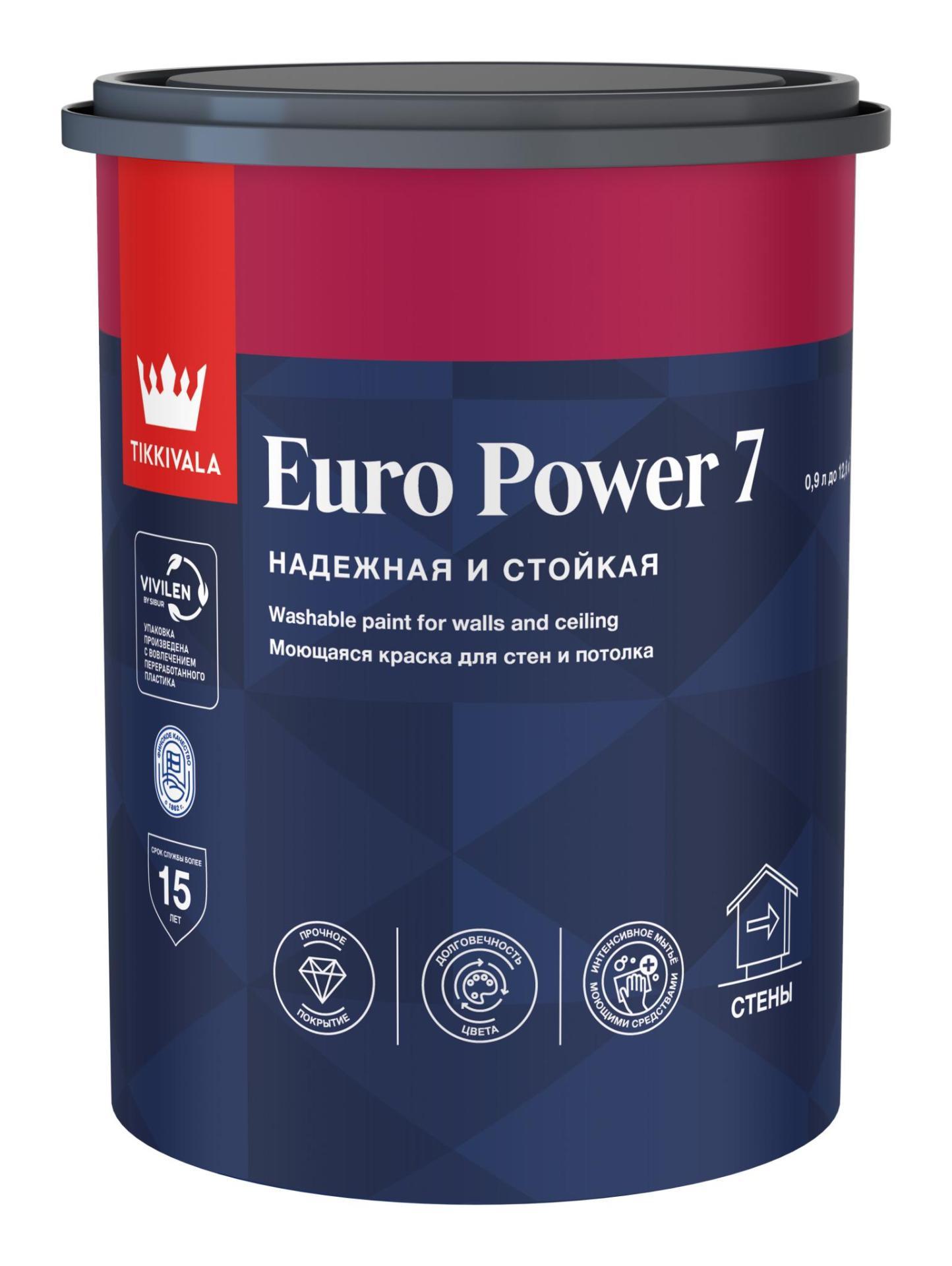 фото Краска интерьерная матовая стойкая к мытью Euro Power 7 0,9л А Tikkurila